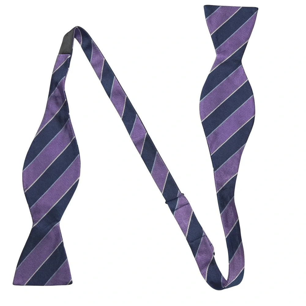 Buttoned Down Mens Purple Navy Blue Striped 100% Silk Bow Tie Adjustable EUC
